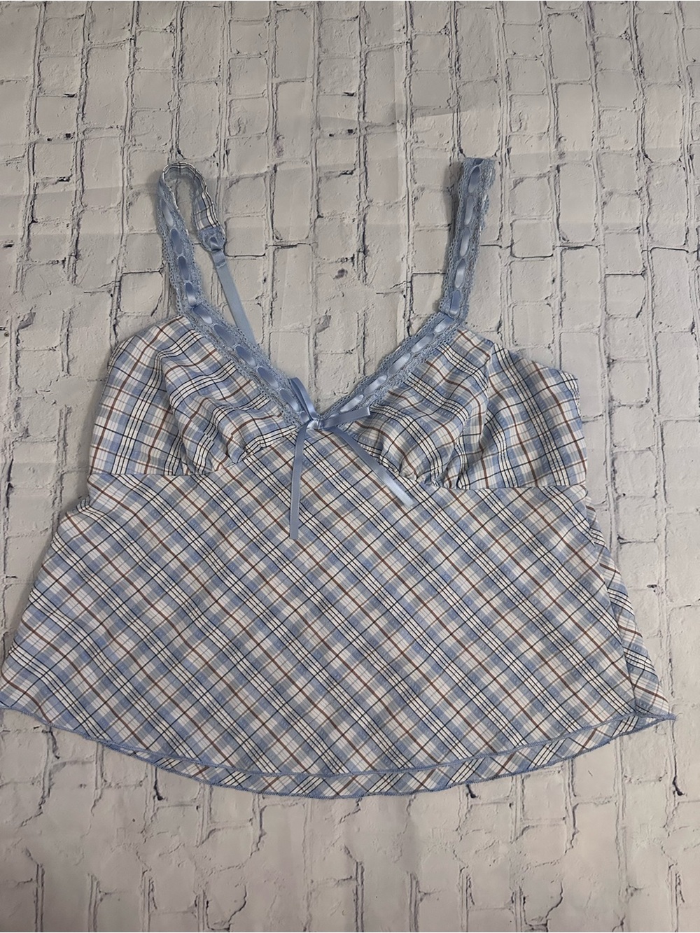 No Boundaries Light Blue Plaid Lace-Trim Cami with Bow Detail